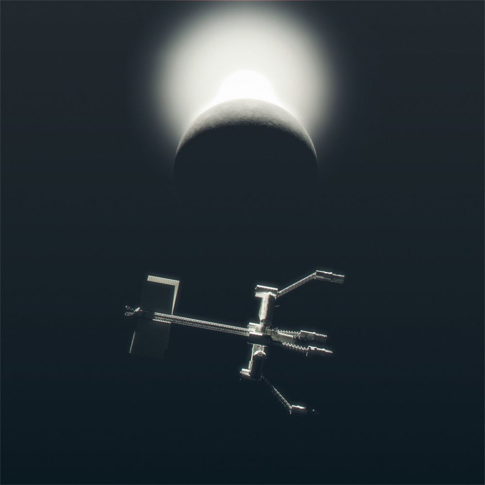A spindly spacecraft flying in front of Mercury.