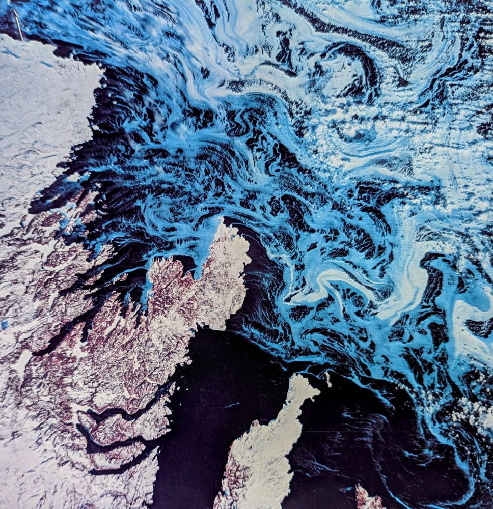 Landsat false color image showing swirling ice. 