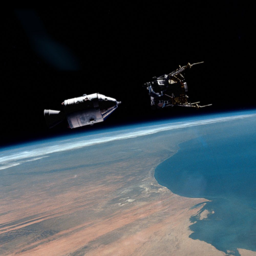 Depiction of Apollo 9 over the desert.