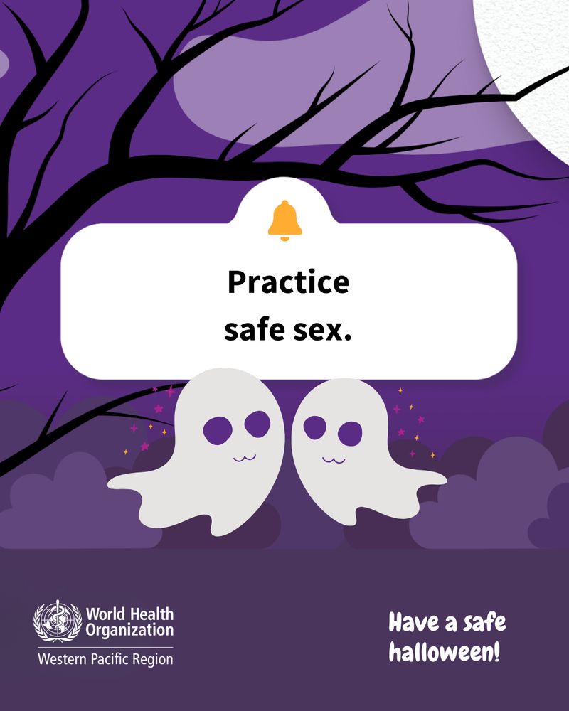 Halloween illustrations with two white ghosts in the middle. Text says pratice safe sex