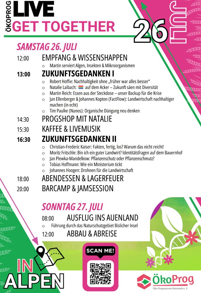 Programm für das Event am 26. Juli, es geht los um 12 Uhr mit einem Snack, 13 Uhr Zukunftsgedanken I, 14:30 Progshop, 15:30 Kaffee und Livemusik, 16:30 Zukunftsgedanken II, 18:00 Abendessen, 20 Barcamp