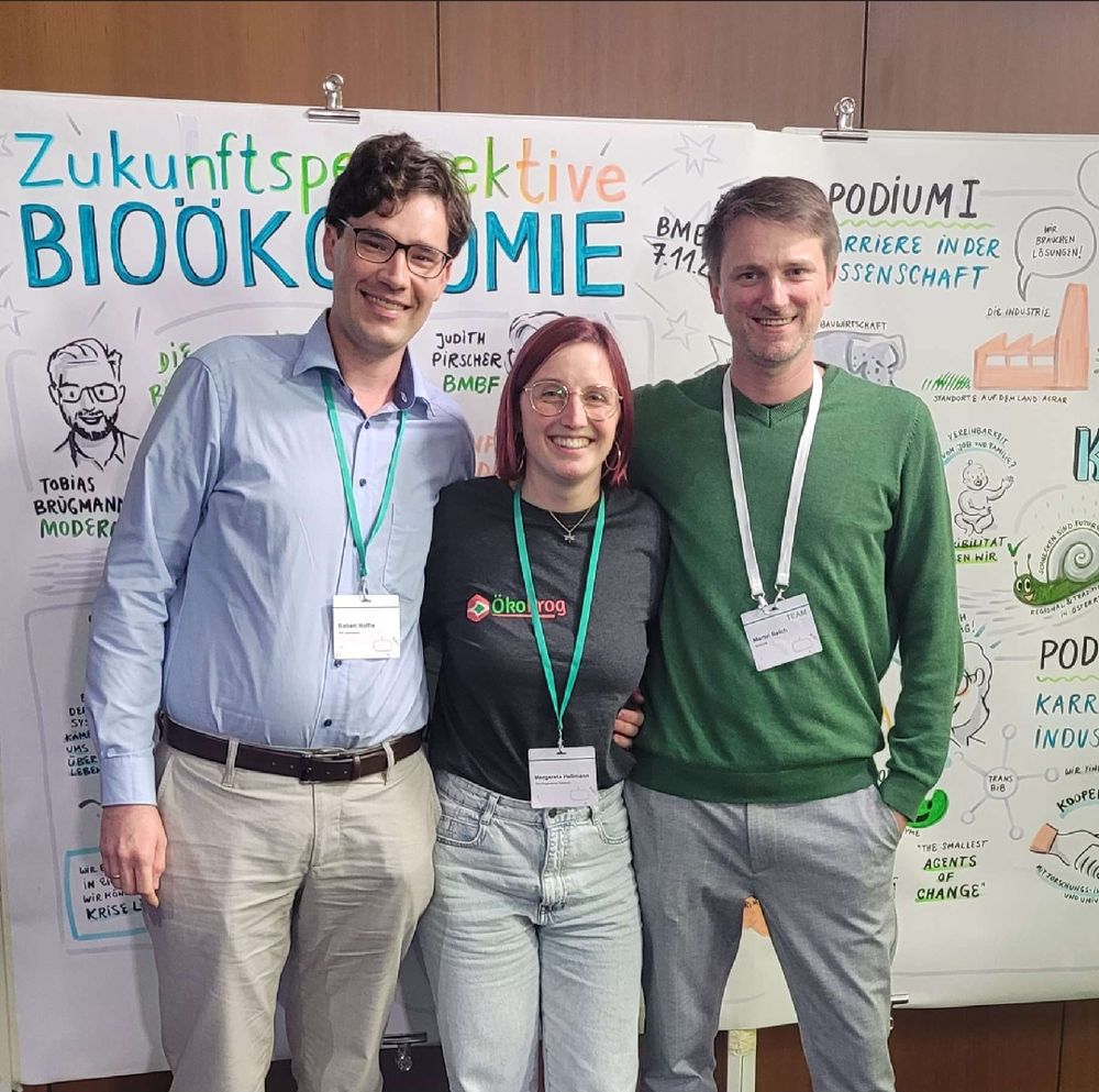 v.r.n.l Robert Hoffie, Margareta Hellmann und Martin Reich aus unserem Vorstand vor den Sketch Notes zur Veranstaltung Zukunftsperspektive Bioökonomie im Forschungsministerium in Berlin. 