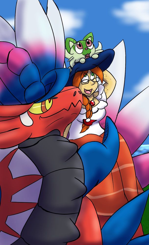 Trainer OC with a Koraidon & Sprigatito; made shortly after the accountments of Pokemon Scarlet & Violet.