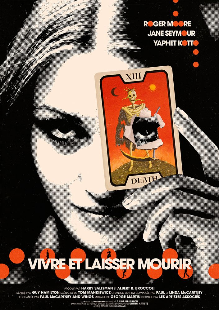 Affiche alternative pour "Vivre et Laisser Mourir" (1973)
Jane Seymour y apparaît en noir et blanc, tenant dans sa main une carte de Tarot "La Mort" en couleur. La carte est percée par une balle, et on y apperçoit son autre œil derrière. 