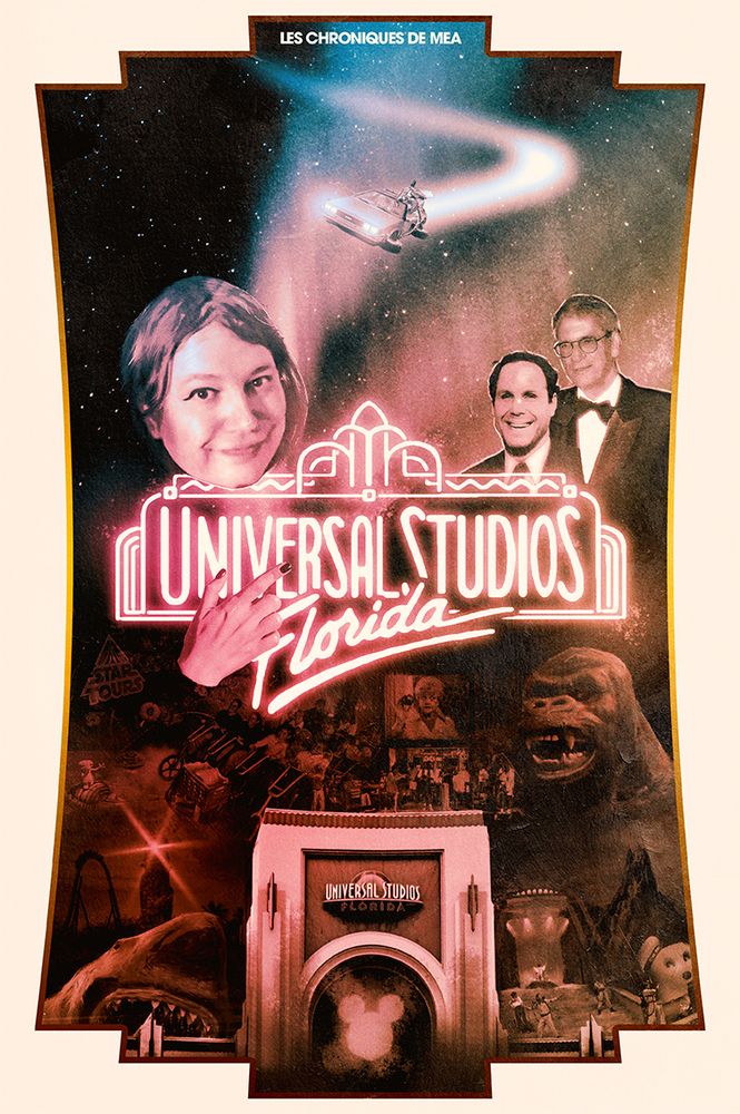 Affiche au style retro, où Meeea apparaît au centre, pointant l'ancien logo de "Universal Studios Florida". Plusieurs silhouettes sont visibles, dont certaines de Disney.