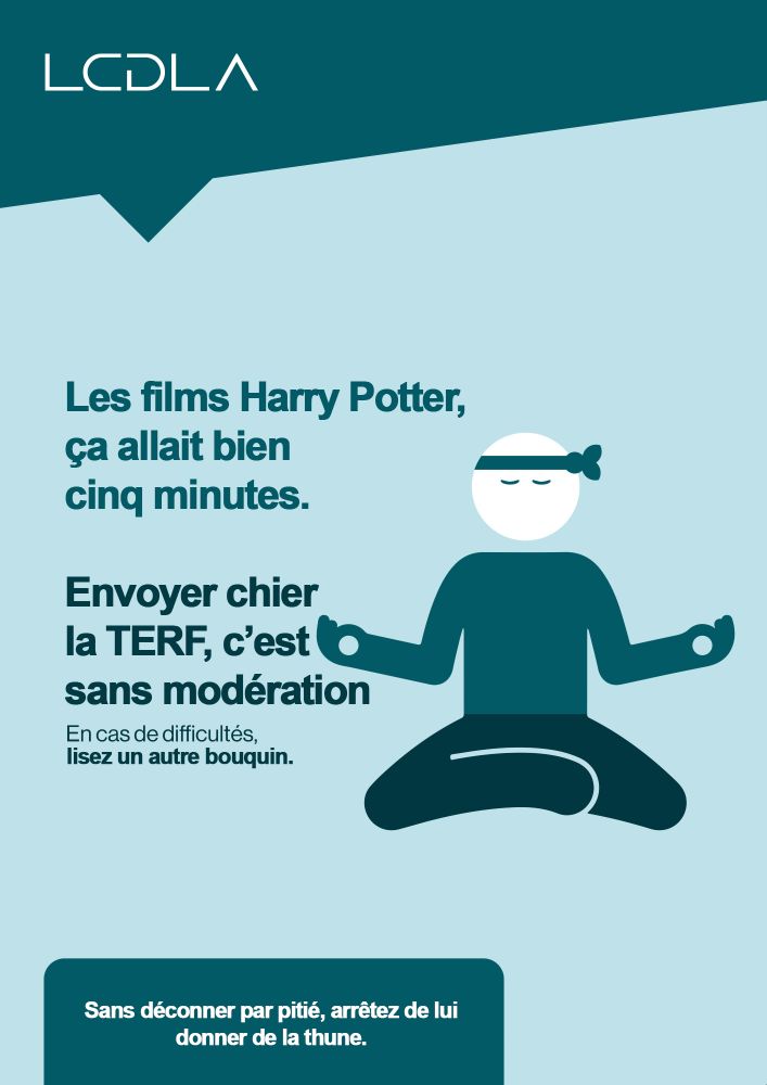 Parodie de la campagne ridicule du gouvernement sur la santé mentale, avec pour texte "Les films Harry Potter, ça allait bien 5 minutes. Envoyer chier la TERF, c'est sans modération. En cas de difficultés, lisez un autre bouquin." "Sans déconner par pitié, arrêtez de lui donner de la thune."
