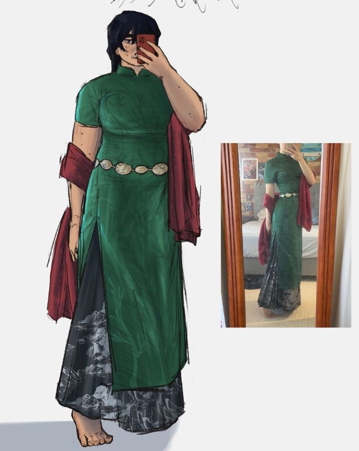 A young woman with black hair in a dark green Qipao with a dark grey skirt that falls out from its slit. She also has a red shawl wrapped around her elbows. To the right is the reference image used to draw this piece