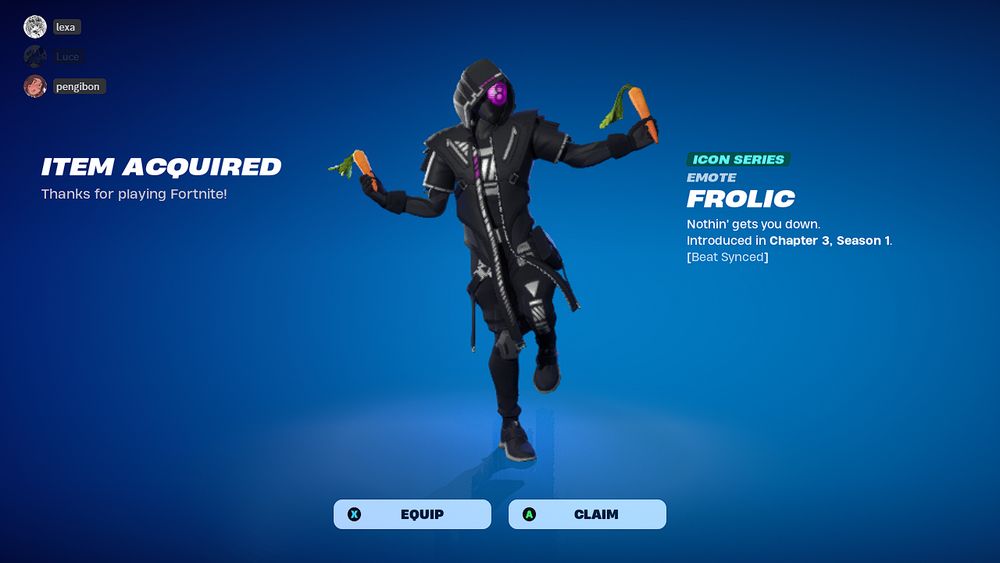 A frame of CRZ-8 doing the Frolic emote on the purchase screen.