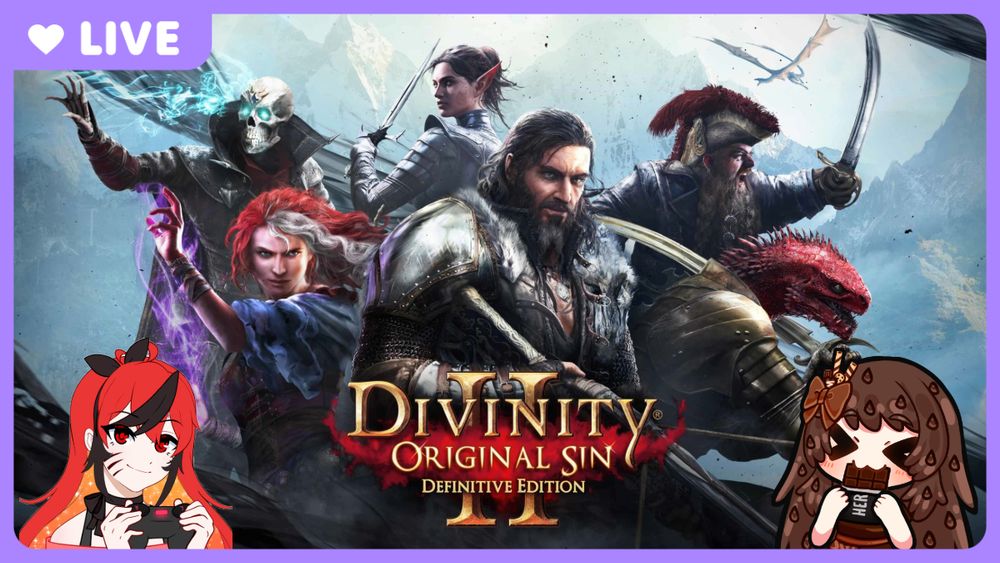 Divinity 2 promotional image thumbnail overlayed by red haired character lilith and chocolate vtuber model hershy nomming on chocolate with purple going live outline