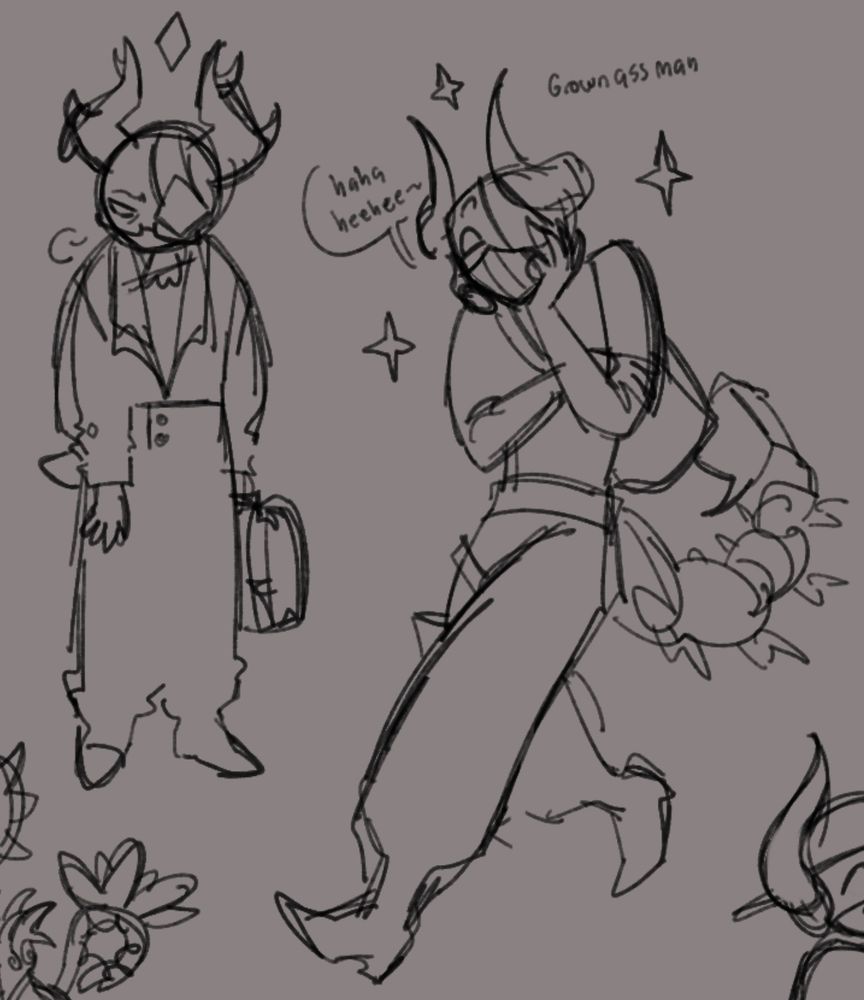 doodles of medkit and subspace from phighting. medkit is in a slumped posture, looking tired. subspace is walking with a mischievous posture and giggling 