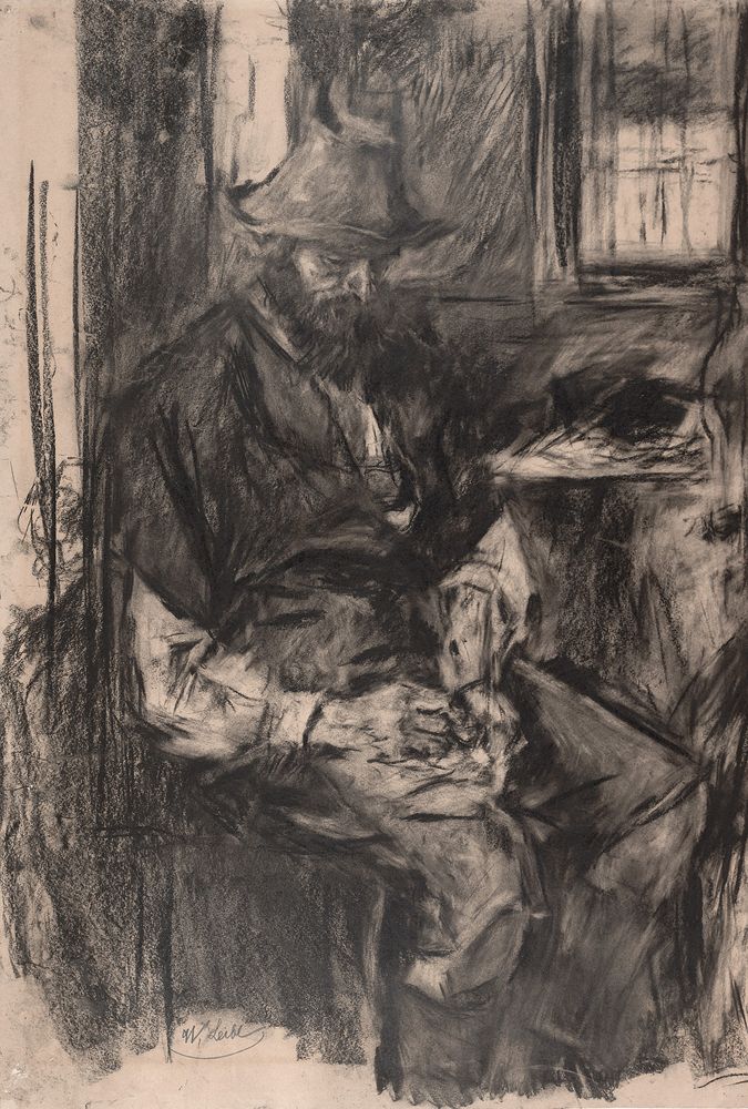 charcoal, I think. of a peasant concentrating on filling his pipe, seated, wearing a hat, windows lighten the overall effect. Drawing is loose, more detailed in the face and hands. 1890s. 