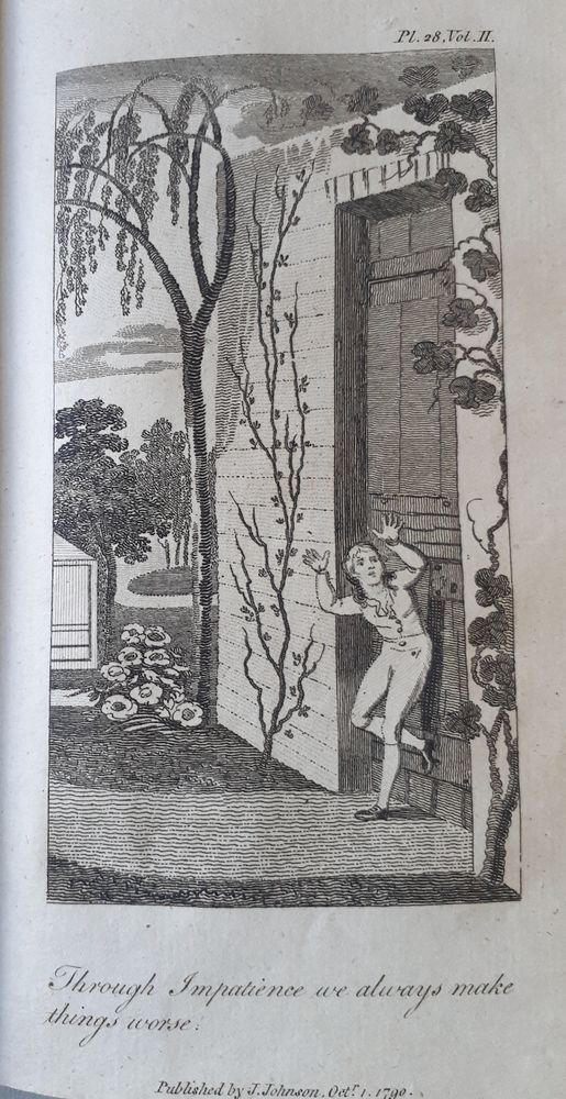 disturbed boy looking up, hands held up, palms open, one foot leaning on a large door behind him. In a garden, neatly tended, several wriggling plants, all showing an agitated rococo line, tending upwards.