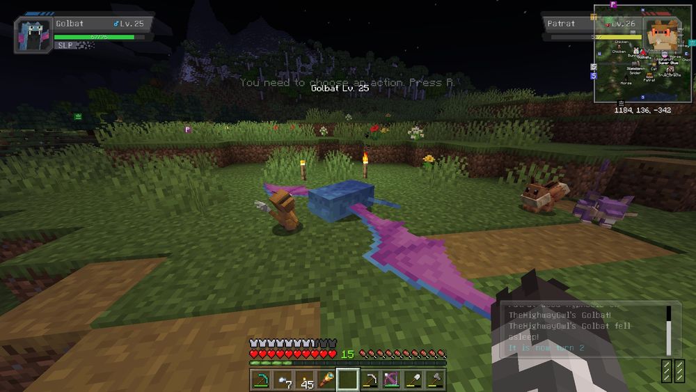 Screenshot from minecraft cobblemon of the Pokémon golbat face down asleep