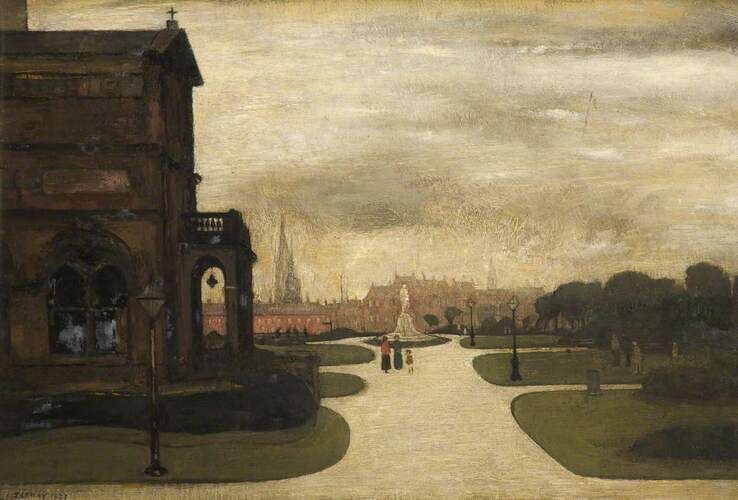 "Peel Park, Salford" by L.S. Lowry captures a tranquil urban park scene, highlighting the artist’s characteristic portrayal of industrial England. The painting features muted colors and a blend of architecture with nature, reflecting Lowry's unique style and his evocative storytelling of everyday life.