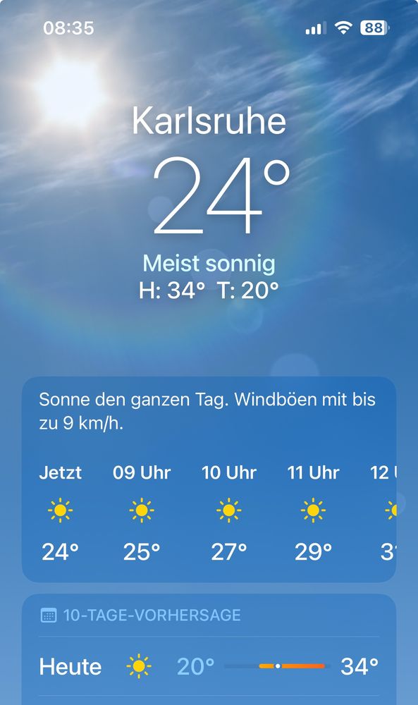 Wettervorhersage für Karlsruhe: Meist sonnig. H: 34° T: 20°
