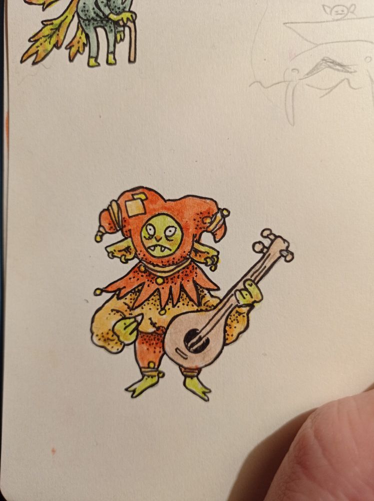 A goblin holding a banjo, waiting for something