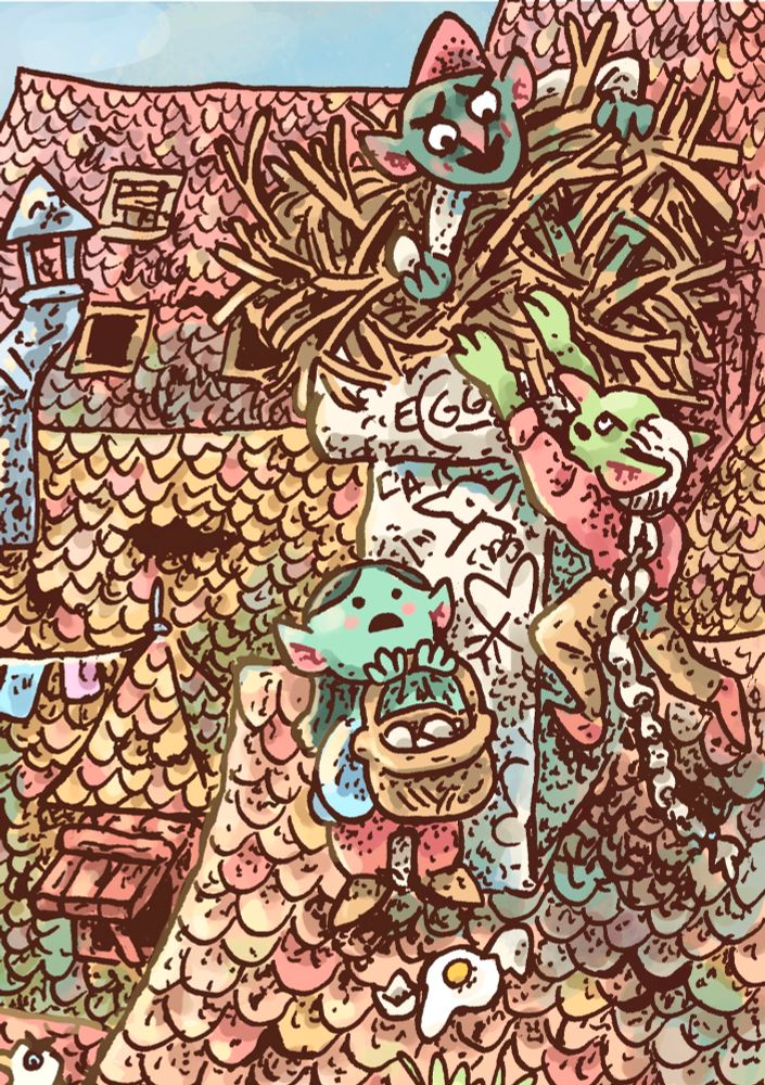 Details of the goblin city. Three goblins, searching eggs in a birds nest 