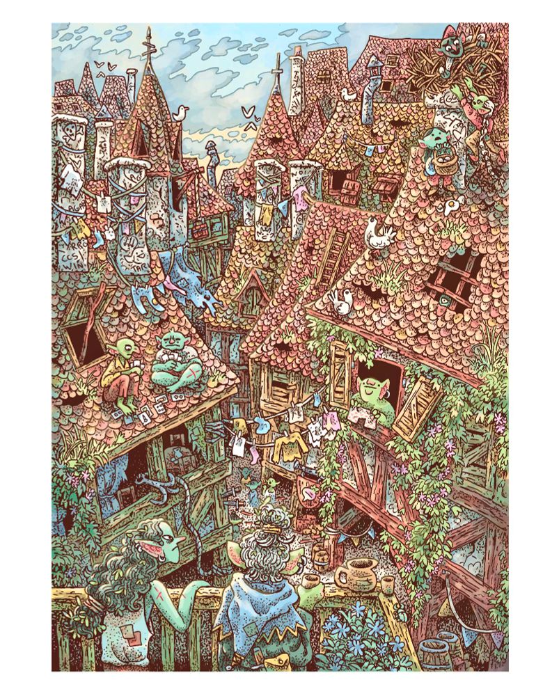 The roofs of a goblin city, messy, crooked and dirty. 