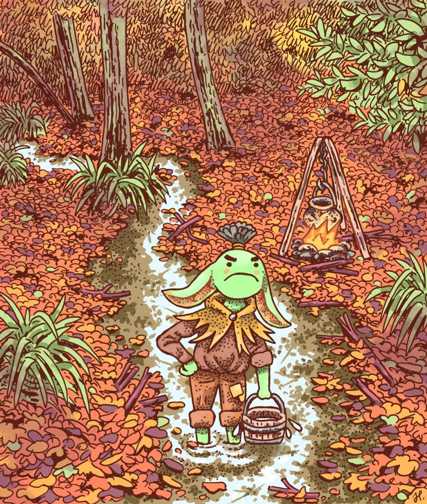 An automnal forest with a small river. There's a goblin standing in the river, holding a bucket, frowning and looking in the direction of the viewer. There's a fire behind them.