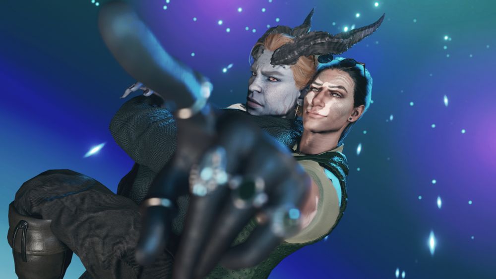 A Tiefling man and Yuan-ti man hitting JJBA poses. The Yuan-ti man is pointing at the camera while getting a piggyback ride. The Tiefling looks grumpy as hell.
(VP taken in Larian Studio's Baldur's Gate 3)