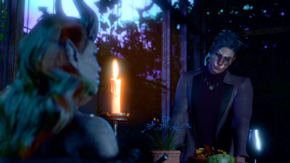 The Yuan-ti man has stood from the table, all eyes and smiles on the Tiefling woman in front of him. She's looking back at him in anticipation.
(VP taken in Larian Studio's Baldur's Gate 3)