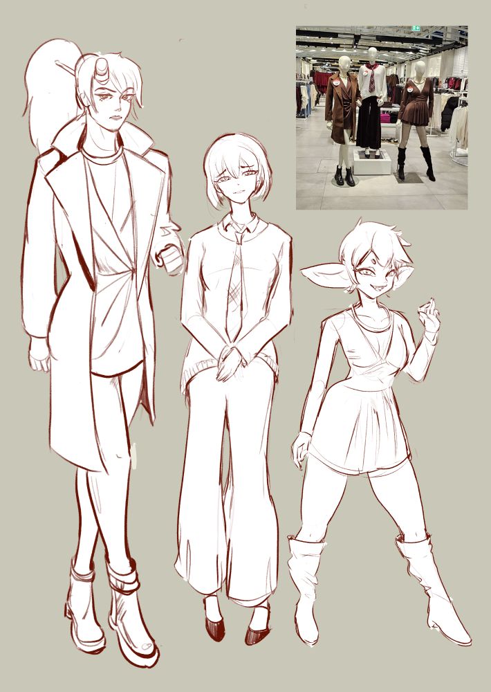 Digital sketch of:
A tall woman in a trench coat, a shy woman in casual business, and a feisty goblin woman with tall boots 
