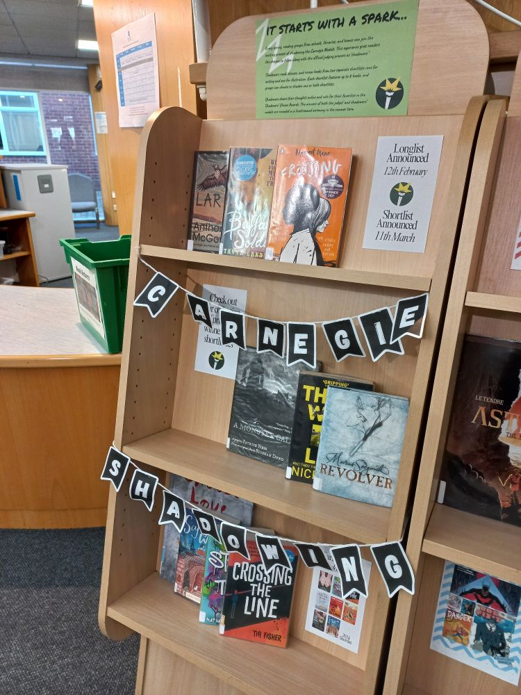 Library display with a selection of past Carnegies shortlisted books