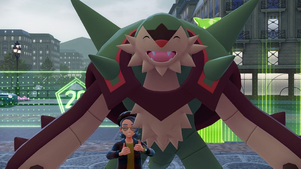 Large shiny Chesnaught and small trainer smiling