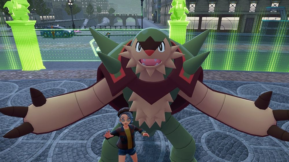 Large shiny Chesnaught and small trainer posing