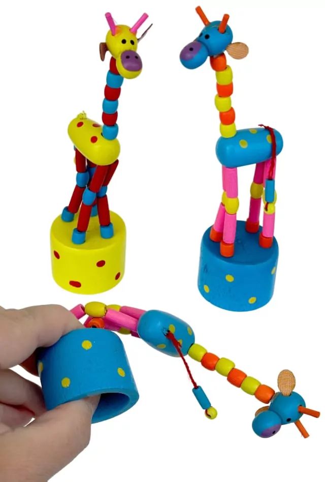 a picture of three collapsible giraffe thumb puppets. two are upright, and one is shown being collapsed by someone's hand. they are brightly colored in yellows, blues, pinks, and oranges.
