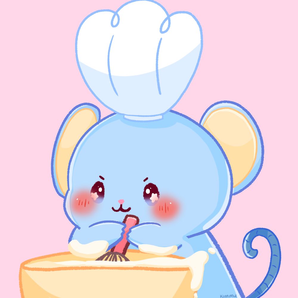 A drawing of a blue mouse wearing a chef's hat while whisking a batter. The mouse is a little bit messy on the hands and has the batter everywhere on his arm and bowl.