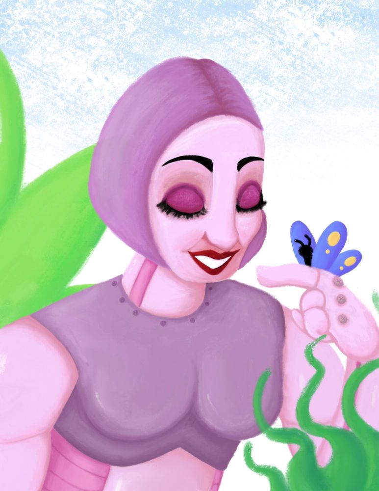 A digital painting of a Mingler from Toontown. She is shown from ten torso up and is topless. A butterfly is on her finger as she stands in a plant filled setting