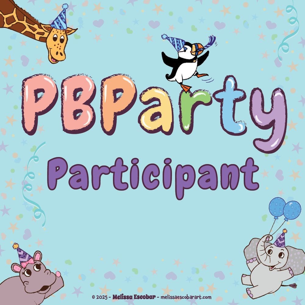PBParty participant badge. It has an elephant floating with balloons on the bottom right, a giraffe and hippo with party hats in the left corners, and a penguin with hat and horn on the "r" in party. 