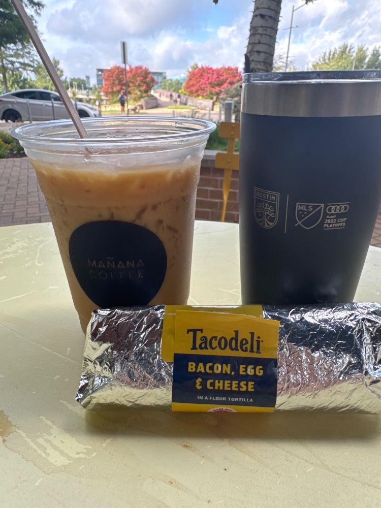 Coffee taco & water at Manana in Austin TX (not Europe) 