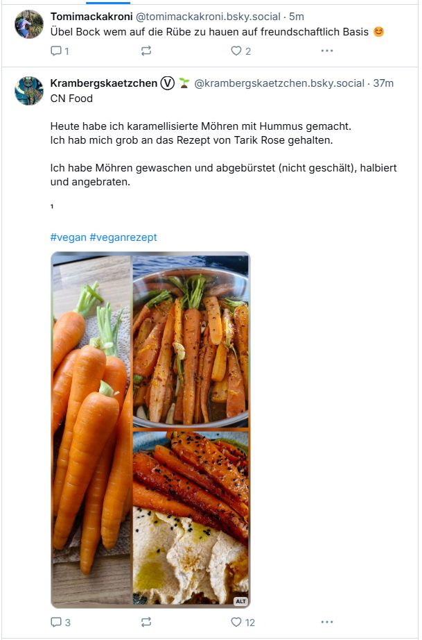 Screenshot meiner Bluesky-Timeline: oben ein Beitrag von @tomimackakroni, dass er Bock hat jemandem auf die Rübe zu hauen (freundschaftlich), direkt darunter was von @krambergskaetzchen mit einem groß bebilderten Mohrrübenrezept