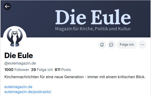 screenshot der Profilseite von @eulemagazin.de mit der frisch erreichten Zahl von 1.000 Followys