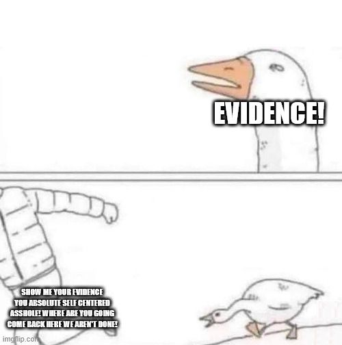 A goose yelling at a parka wearing poser running away.  Text is EVIDENCE!  SHOW ME YOUR EVIDENCE YOU ABSOLUTE SELF CENTERED ASSHOLE!  WHERE ARE YOU GOING COME BACK WE AREN'T DONE!