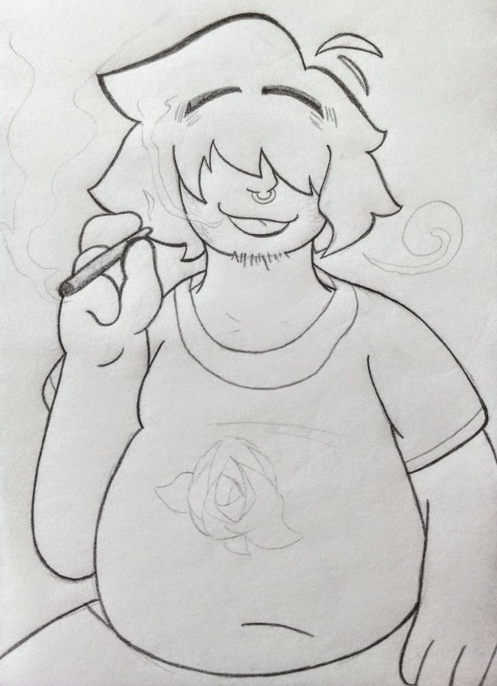 pencil sketch of a scruffy, plus-sized dude in a shirt smoking a joint