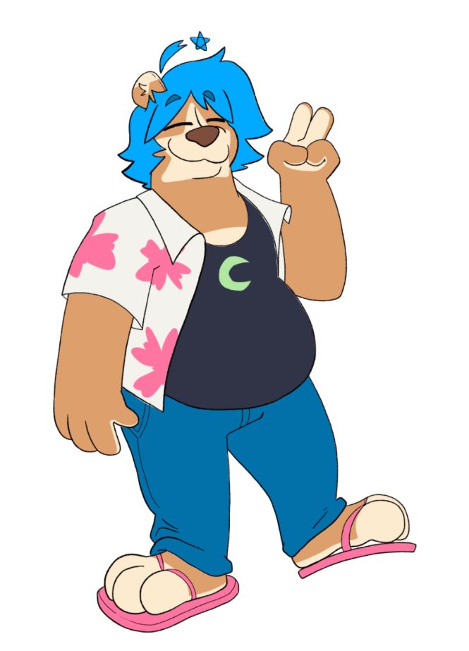 Phos, a tan fur coloured toon bear in a summer outfit. Flower patterned shirt, undershirt and blue jeans, holding up a peace sign