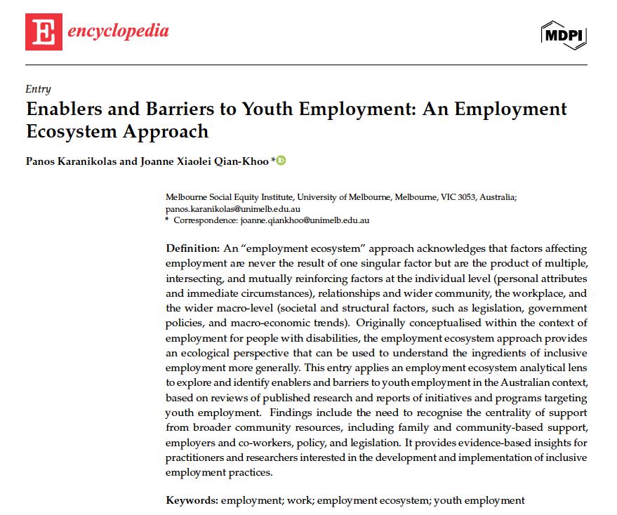 Screenshot of page one of the journal article. Heading – Enablers and Barriers to Youth Employment: An Employment Ecosystem Approach