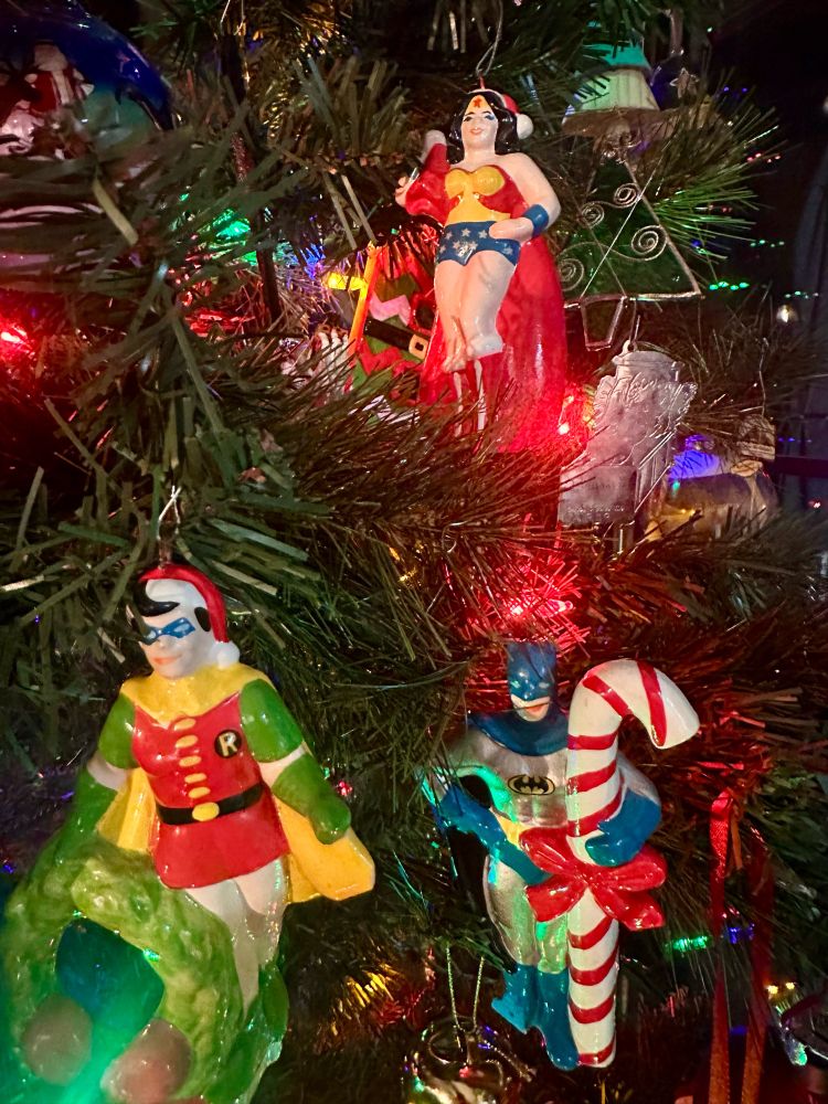 (Vintage DC comics Xmas three ornaments - Robin, Batman, and Wonder Woman)