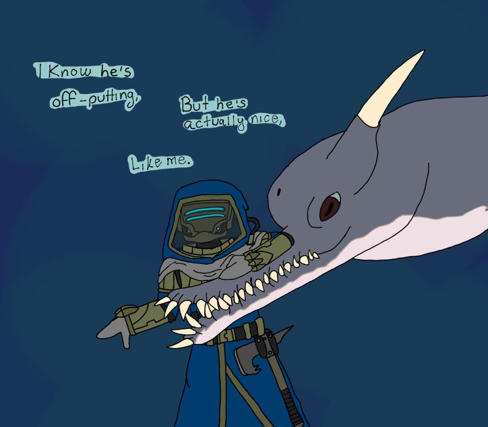 A Rogueish warlock wearing armor and robes like an archaic diving suit puts one arm over the rostrum of a cetacean-looking draconic creature. His words read "I know he's off-putting, but he's actually nice, like me." 