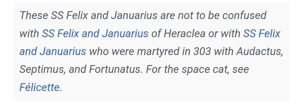 These SS Felix and Januarius are not to be confused with SS Felix and Januarius of Heraclea or with SS Felix and Januarius who were martyred in 303 with Audactus, Septimus, and Fortunatus. For the space cat, see Félicette.