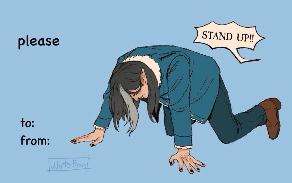 Sidney on his hands and knees, in a begging pose basically. The card says “please.
To:
From:”
Offscreen, someone is yelling at Sidney to “STAND UP!!” 