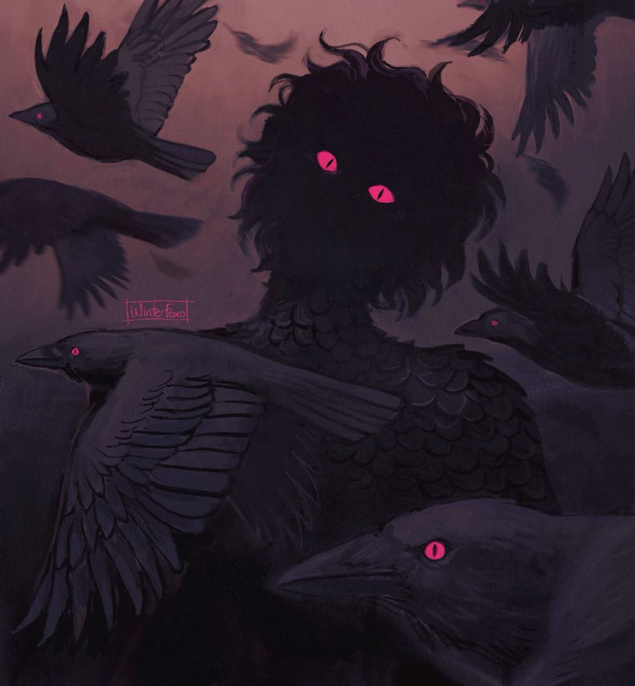 A dark silhouette of a humanoid figure in the centre, with short messy hair and bright, hot pink eyes. The backdrop is a gradient of pale dark pink to black. The figure is surrounded by crows flying by them, likewise with hot pink eyes, and some feathers falling from them to amplify the subtle energy of the piece
