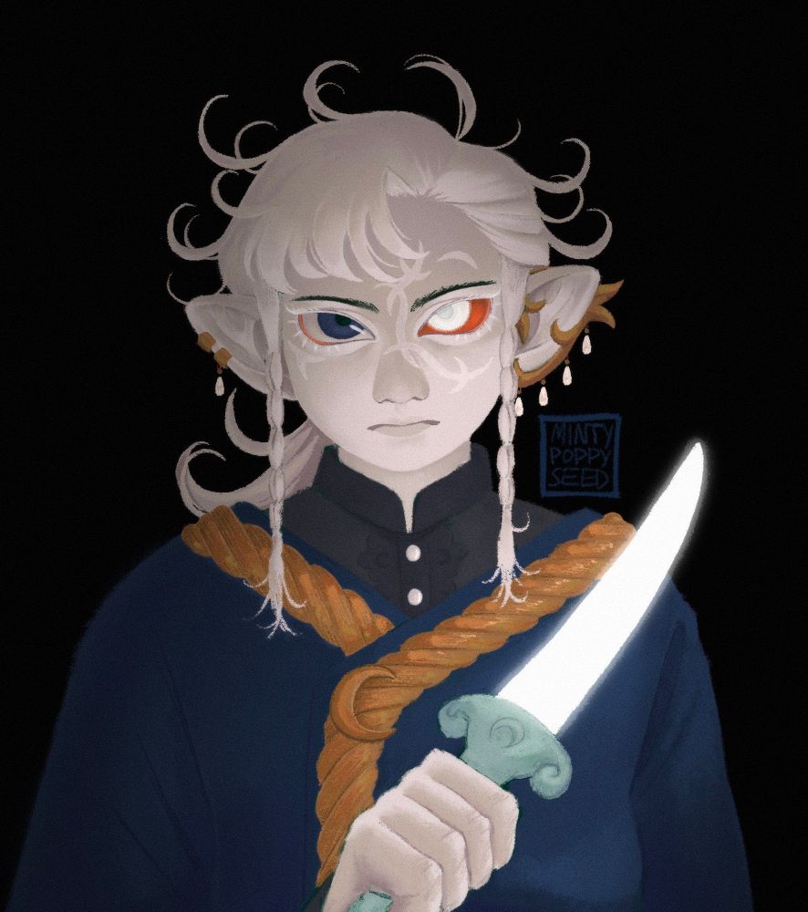 A halfling with white skin and wispy white hair pulled back in a low ponytail. He stares at you with mismatched black and white eyes, the sclera of his white eye inflamed and red. Curling scars forming the loose shape of a crescent moon curve around his white eye as well. He's dressed in a black button up shirt and blue wrap jacket with gold rope trim and a gold crescent moon pin. He's holding a dagger with a glowing white blade which casts light onto him, the rest of him falling into darkness.