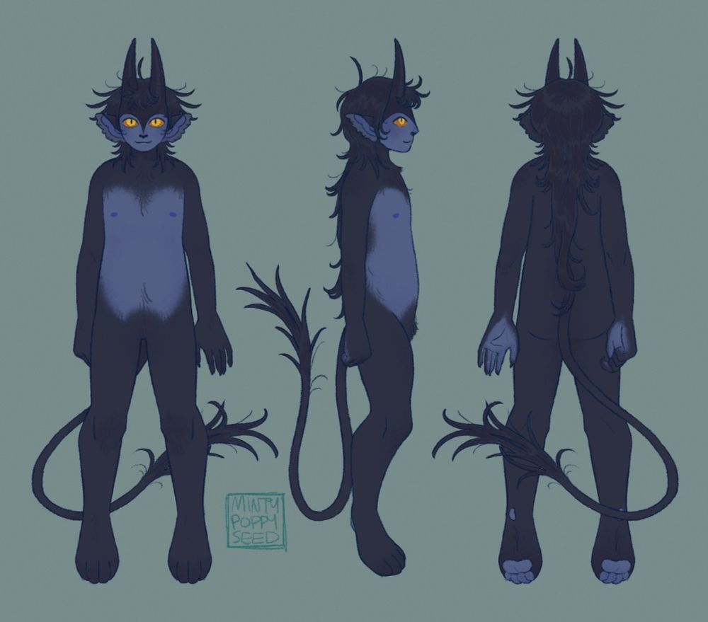 A turnaround of Velveteen without any clothing - front, side, and back. Velveteen has blue-grey skin with black fur covering much of their body, including their brow, collar, arms, legs, back, and groin. They also have a long black tail which ends in a plume of fur. Their ears are large and pointed with fluffy fur. Their hair is long and wispy, mostly shorter on top and falling down to their shoulders, while a large segment in the back trails down to their lower back like a thick rat tail. They have tall, straight black horns, and golden, cat-like eyes.