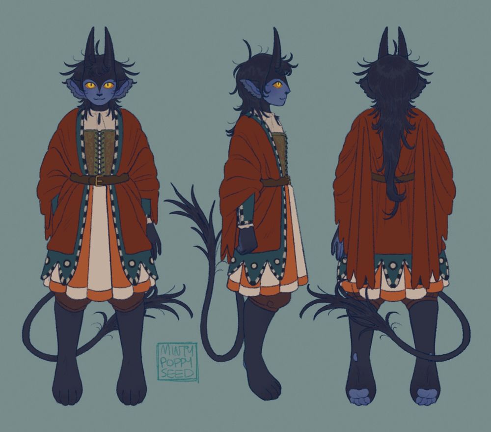 A turnaround of the full outfit from the previous image, with a front, side, and back view. From the side, you can more clearly see the fabric bracers on the arms, which is the same dark teal with black and white stripes as is on the petal-shaped edges of the jacket. The front half of the sleeves has been tucked inside. Front the back, you can see how the sleeves drape - they haven't been tucked into the bracers in the back, so the full length of the sleeves (just above knee-length) cascades down the back elegantly.