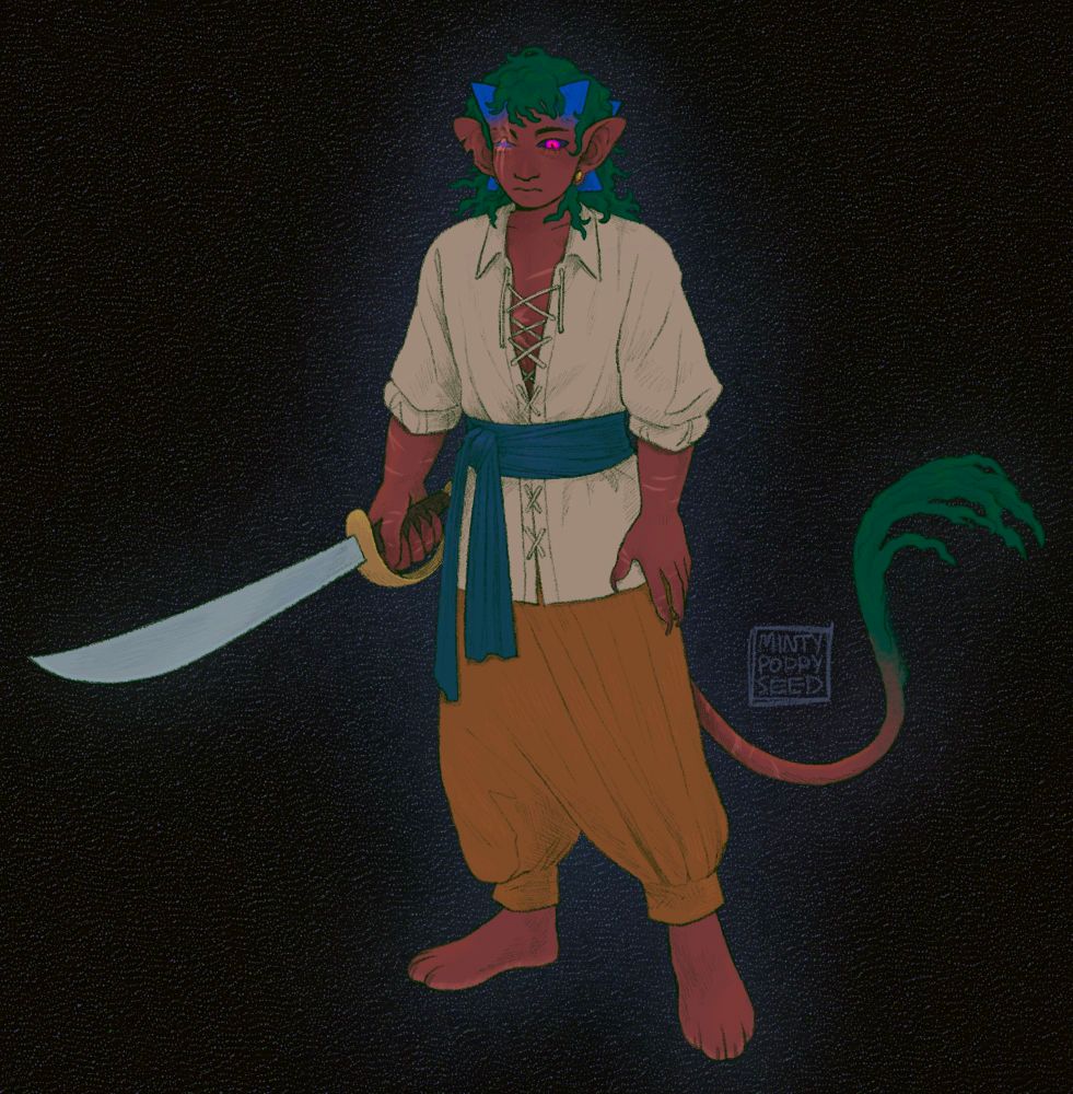 A brown-skinned man with curly green hair a long, thin tail ending in a curly tuft of green. He has 6 wide conical horns in a bright blue color. He's looking down, one eye clawed through and the other black with a bright magenta iris and slit pupil. His ears are large and pointed, with one ear bearing a couple of notches. He stands casually with a sword in his right hand, wearing a loosely laced off-white linen shirt and baggy pirate pants cuffed at the ankles. He wears no shoes, and his toes are reminiscent of paws.