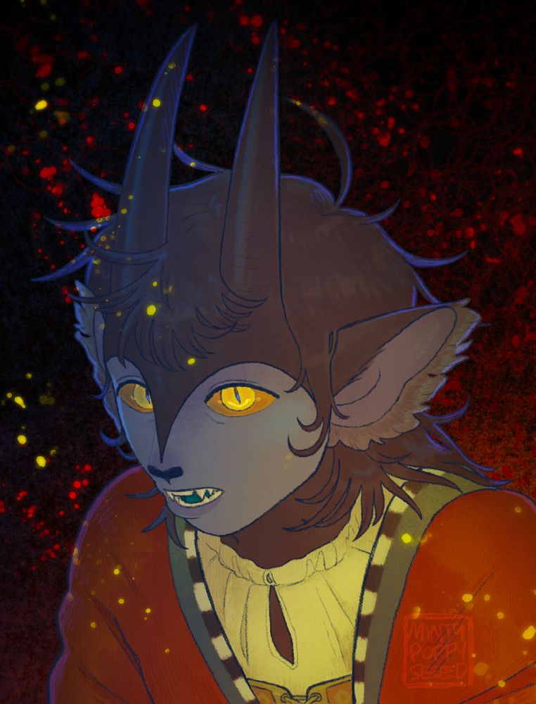 A drawing from the shoulders up of a character with blue-grey skin. The neck, ears, and brow are covered in black fur, and they have wispy black hair layered around their face. Their tall black horns take up half the image. They're facing down while looking up at the viewer with yellow cat-like eyes and a open mouth full of fangs. They're wearing a white chemise, green lace-up vest, and red jacket with a teal and black and white striped border. Embers fly around them in the background, burning hottest in the foreground.